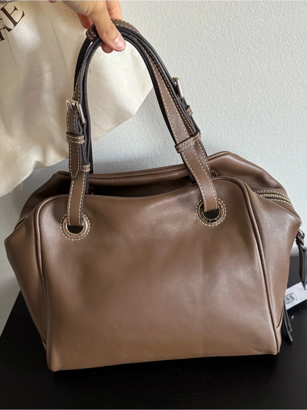 Dooney & Bourke Nubuck Leather Zip Grommet Satchel Bag Mushroom Minimalist
